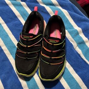 Skechers Women’s Black Slip-On Sneakers with Rainbow Cord 8